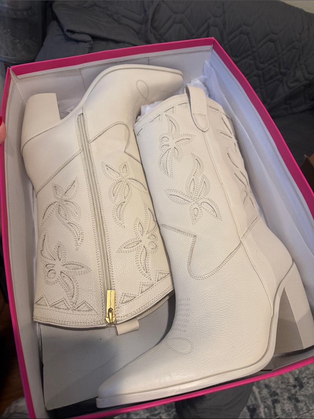 Vince Camuto Cream Embossed Western Block-Heel Boots